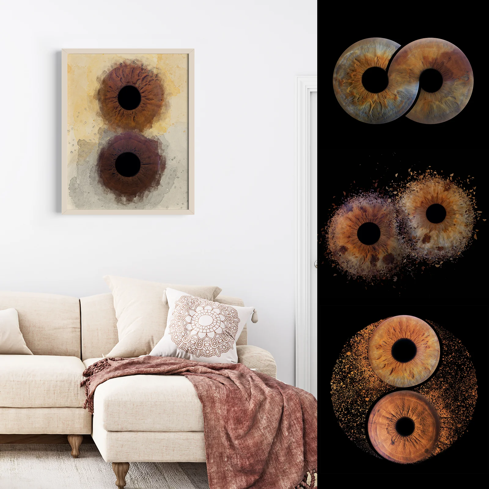 Obra de fotografía de iris enmarcada junto a composiciones artísticas personalizadas
