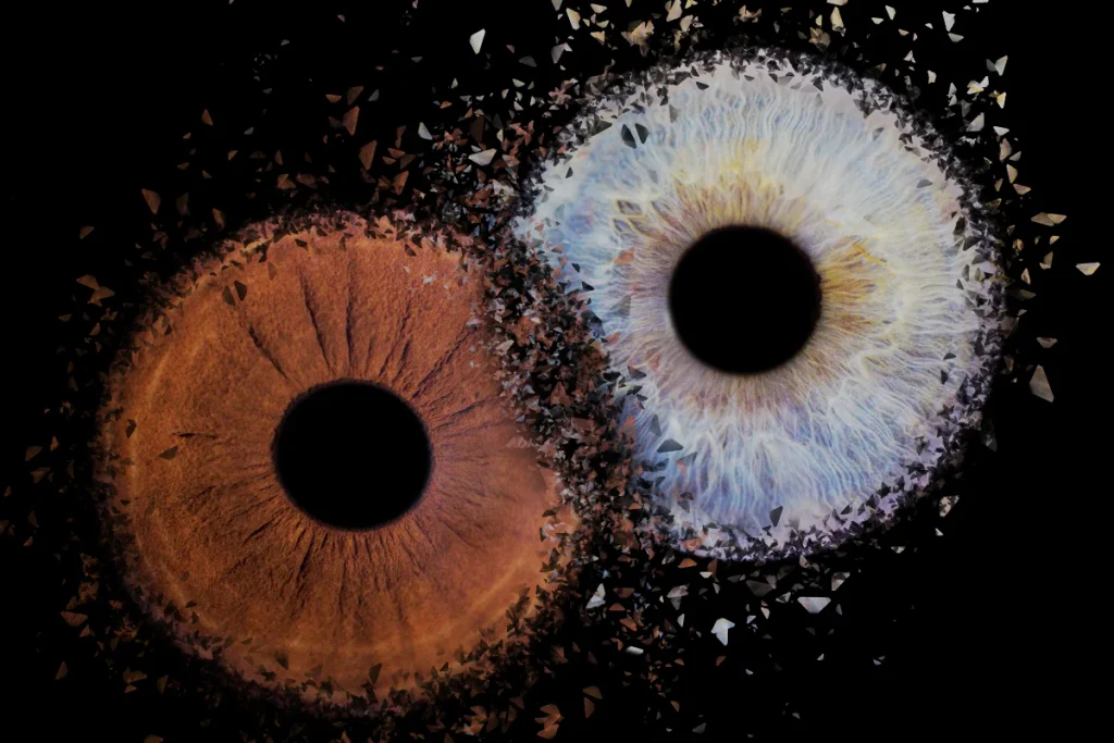 Iris de dos personas chocando en un cuadro artístico